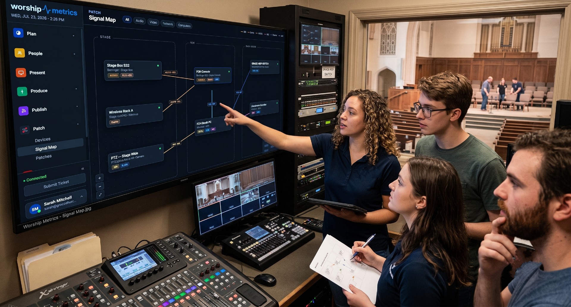 An AV integrator reviewing a documented church system layout with racks and devices