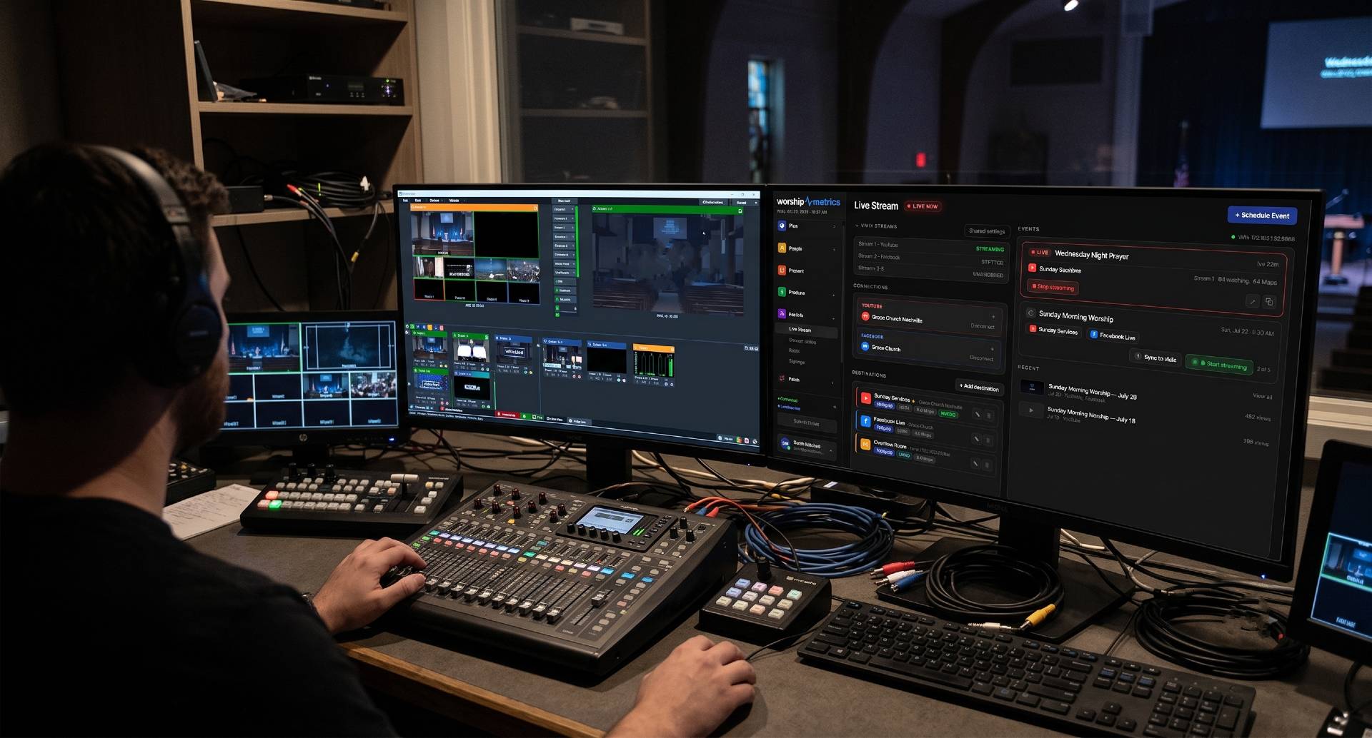 Cabina de una iglesia transmitiendo un servicio con WorshipMetrics