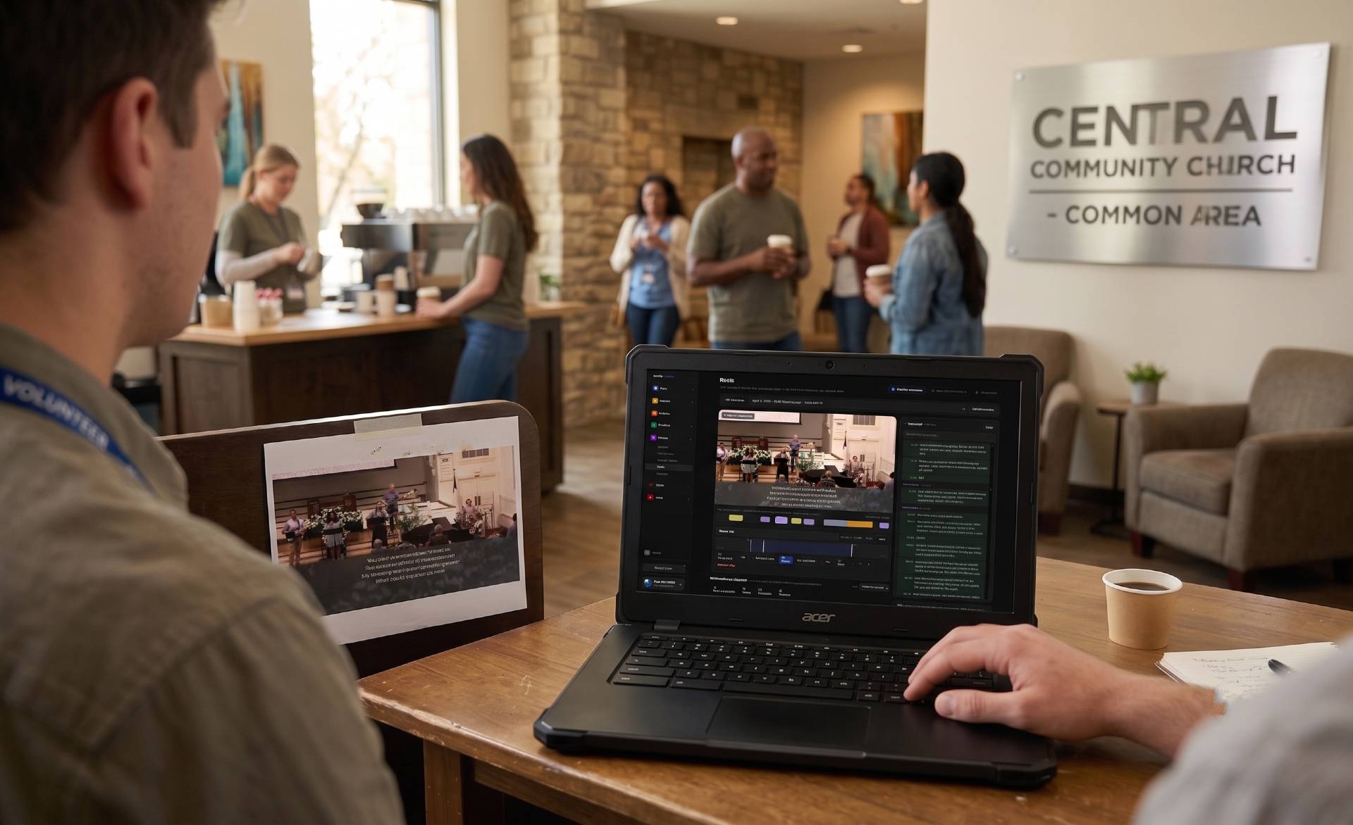 Church media volunteer creating Reels from Sunday's service