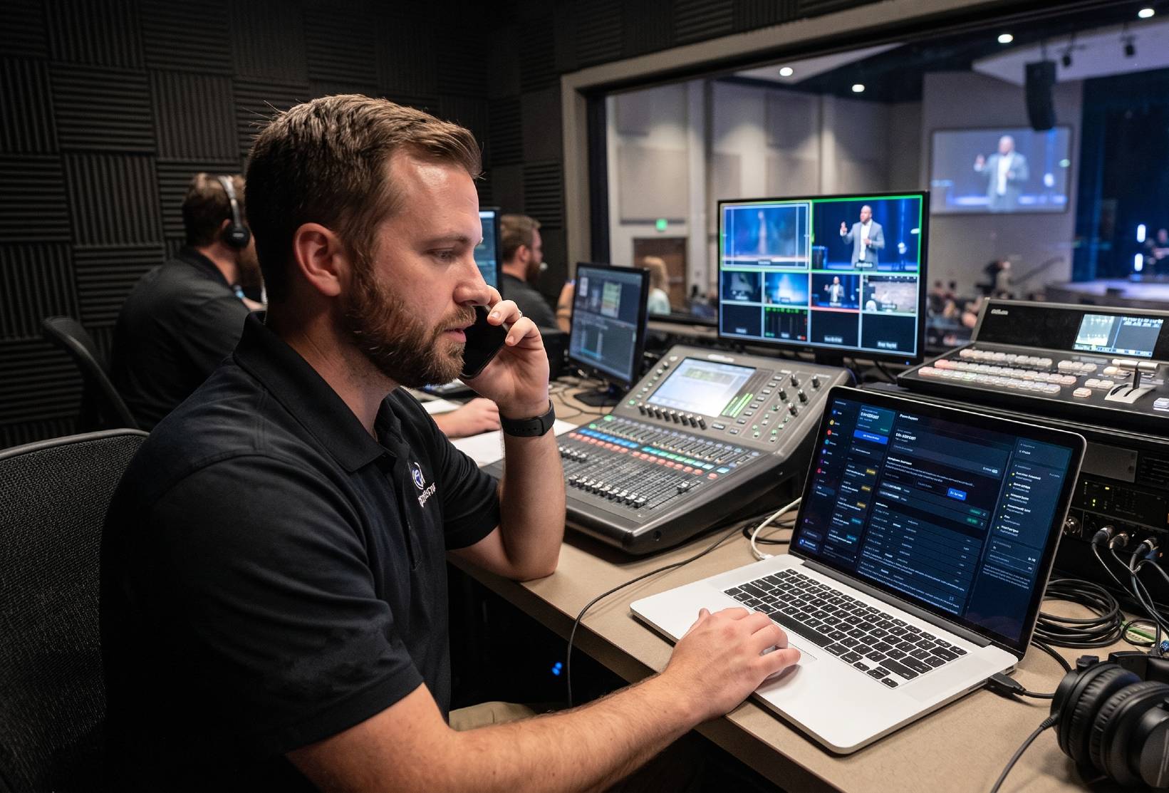 Church tech director on the phone with 910-WORSHIP support