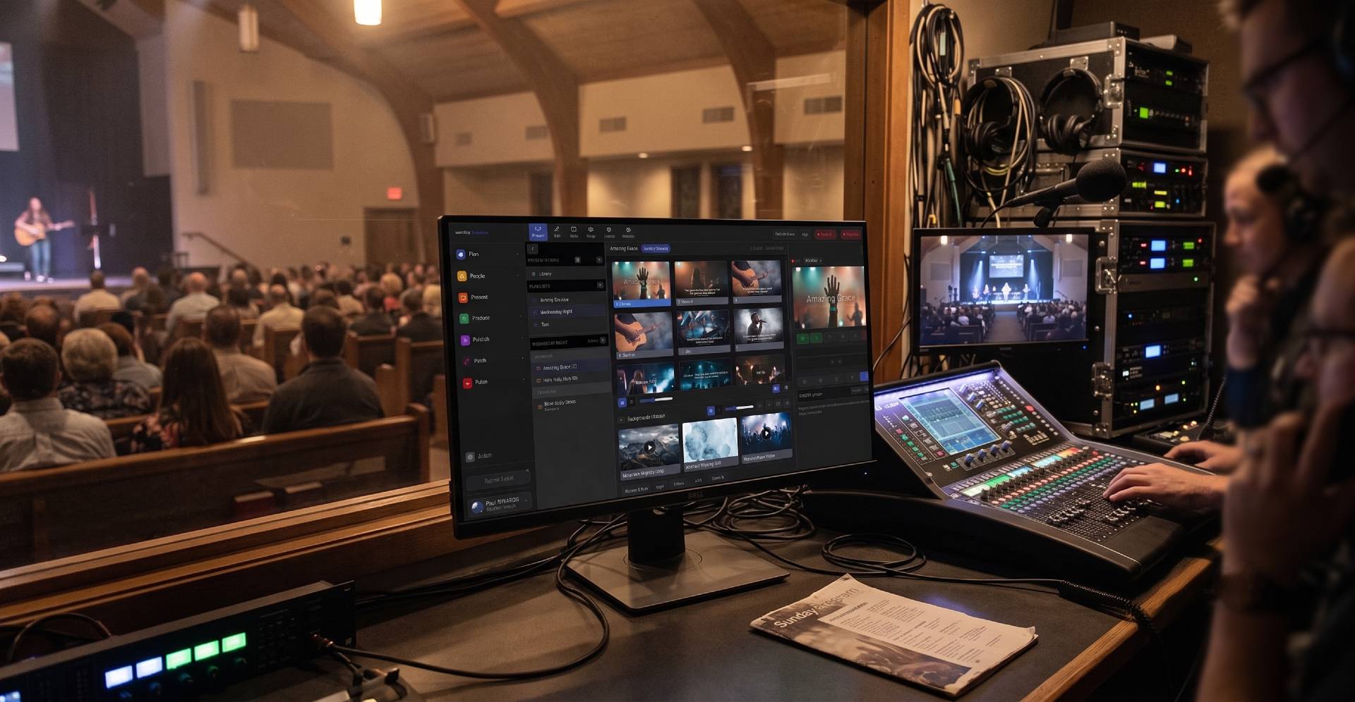Volunteer running lyrics and slides with WorshipMetrics Present