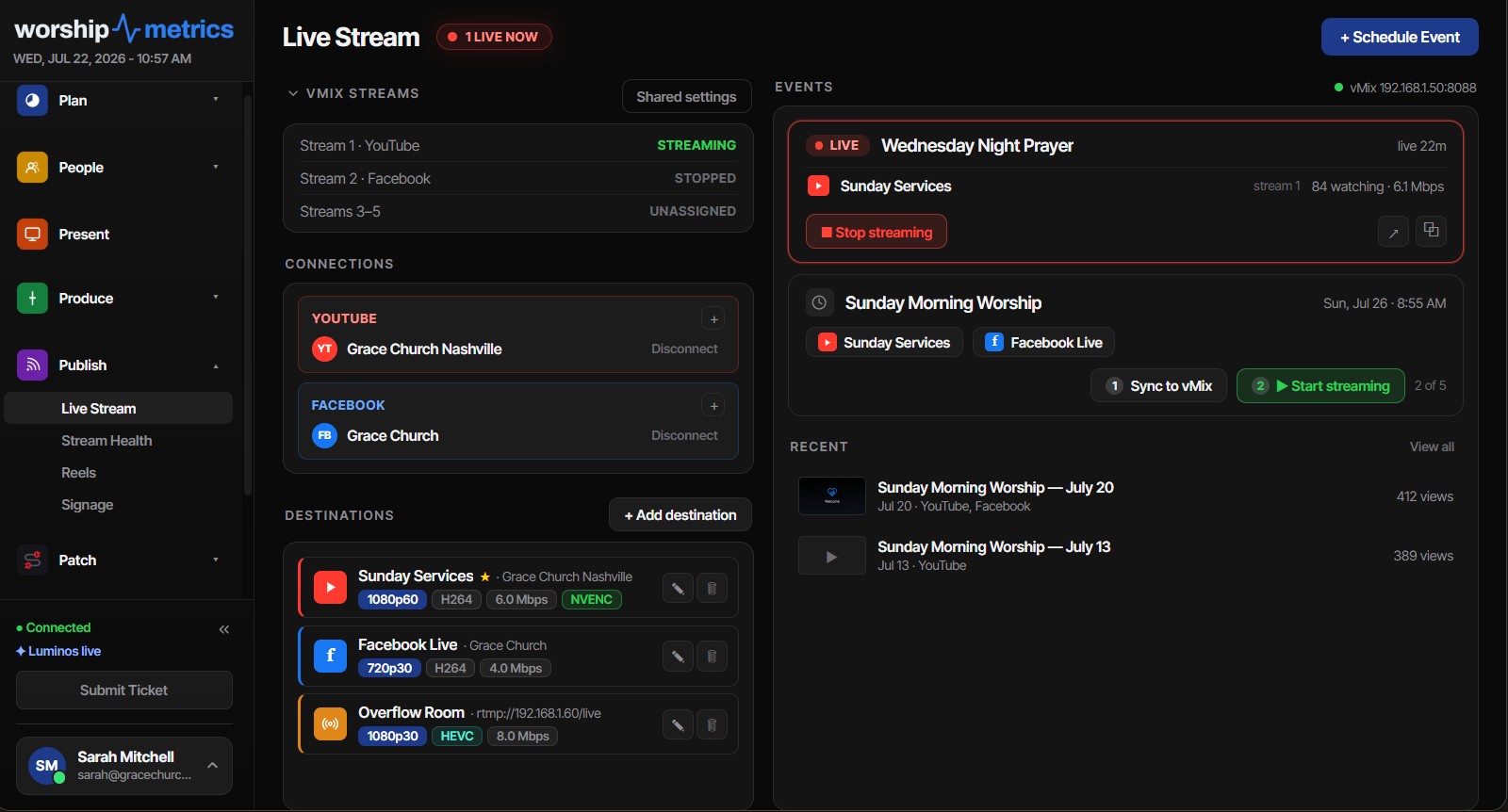 Consola de Live Stream con destinos, conexiones y eventos en WorshipMetrics