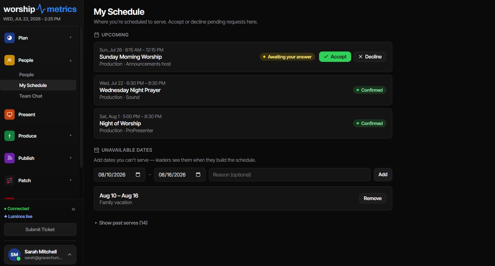 My Schedule serving requests and unavailable dates in WorshipMetrics