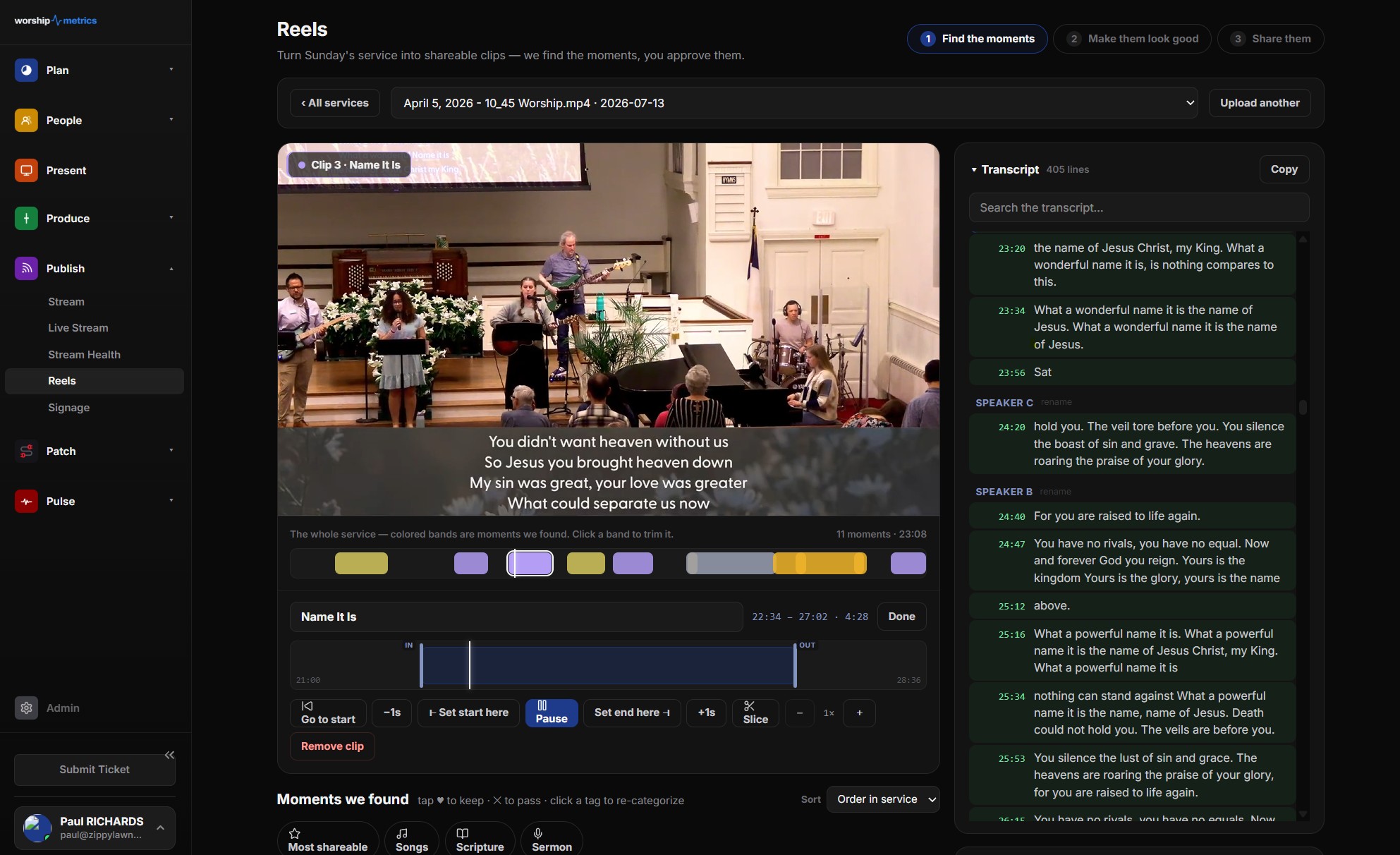 Editing a sermon clip in WorshipMetrics Reels