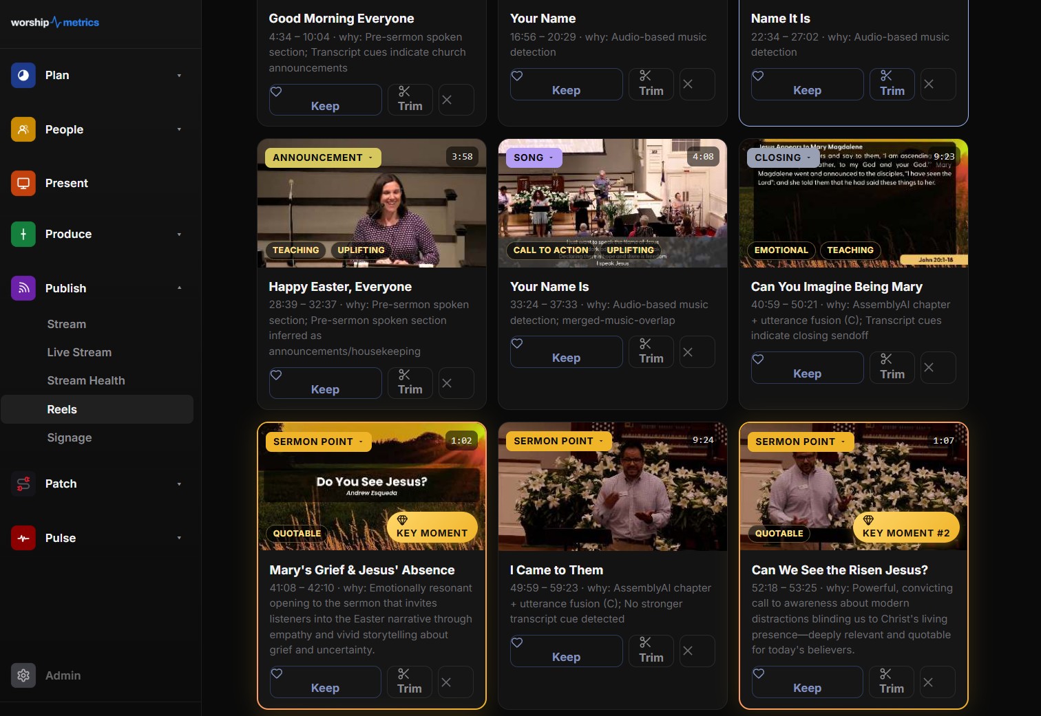 AI-suggested sermon moments in WorshipMetrics Reels