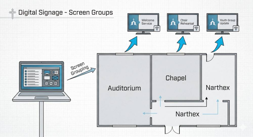 Church digital signage groups across multiple screens