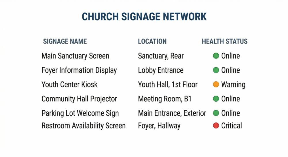 Church signage health monitoring dashboard